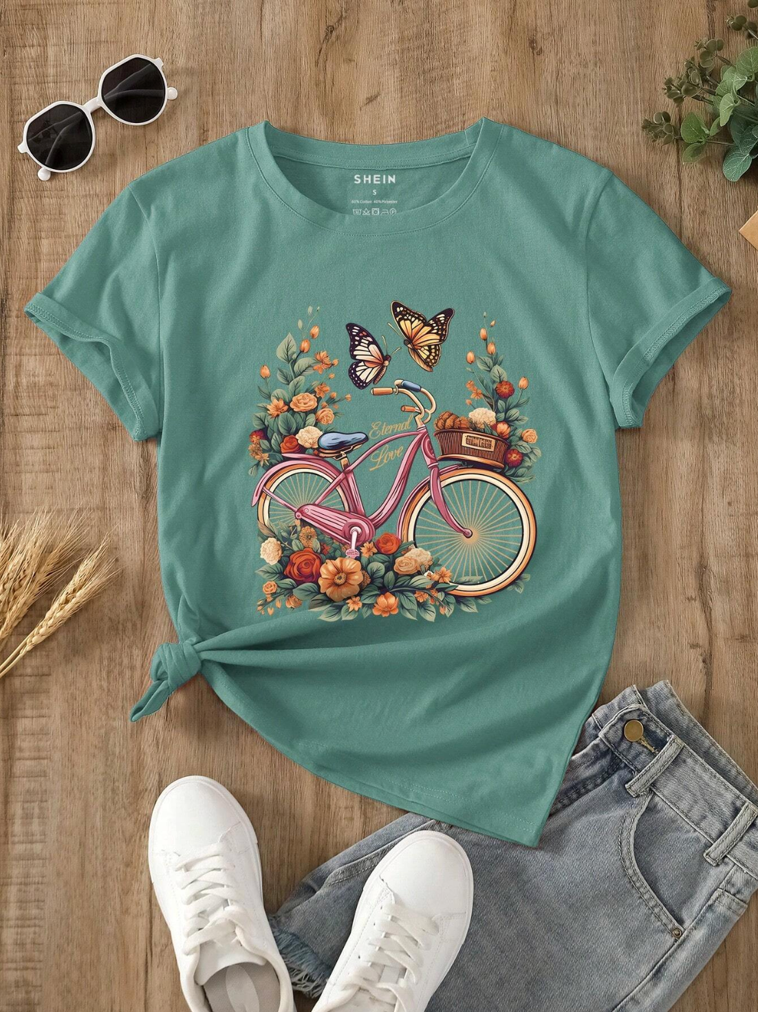 INAWLY Camiseta gráfica con estampado de bicicleta y mariposa, para mujeres