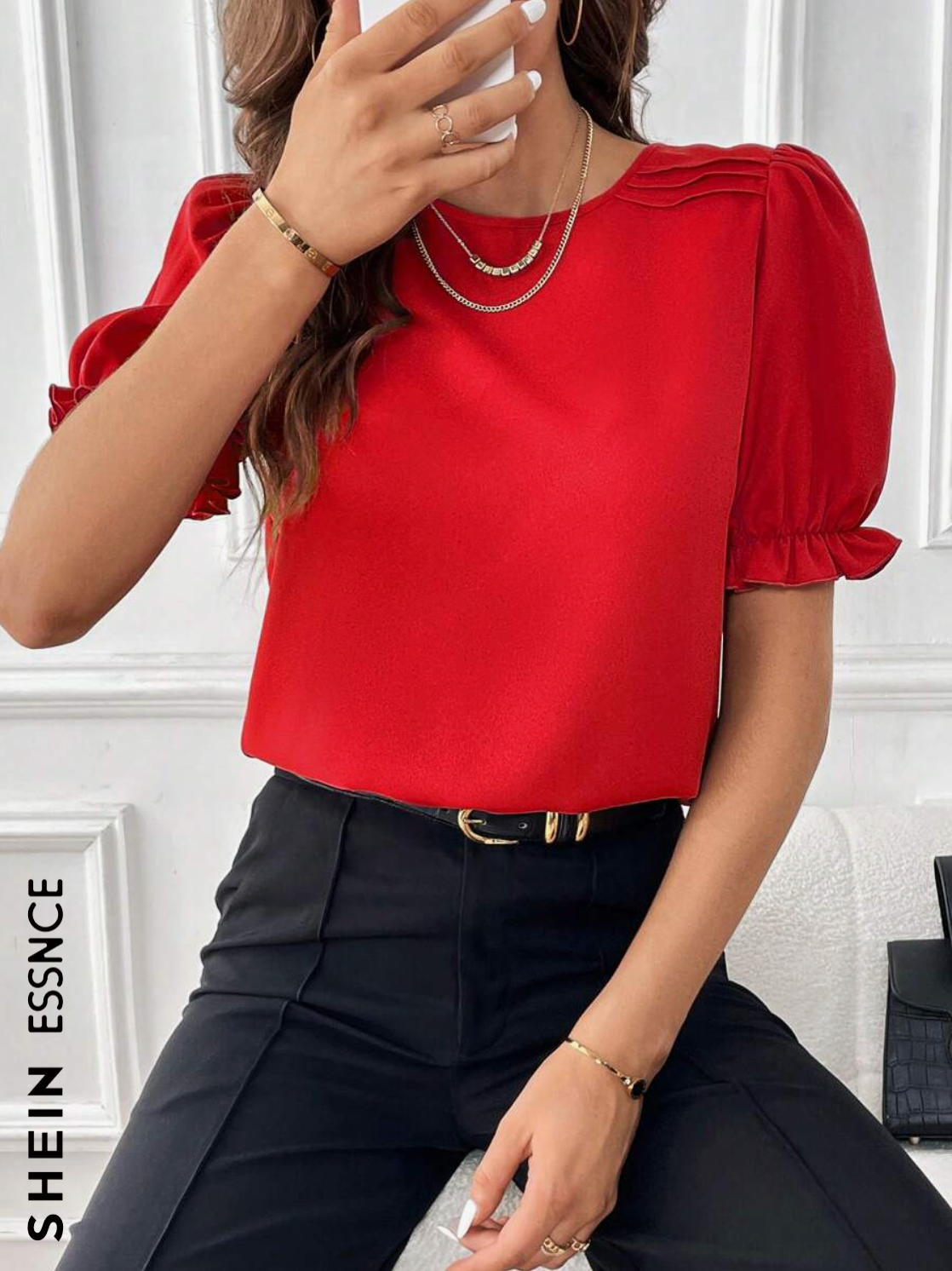 SHEIN Essnce Blusa con detalle fruncido y manga abullonada, blusas de manga corta