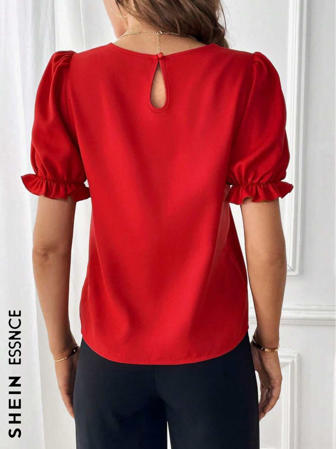 SHEIN Essnce Blusa con detalle fruncido y manga abullonada, blusas de manga corta