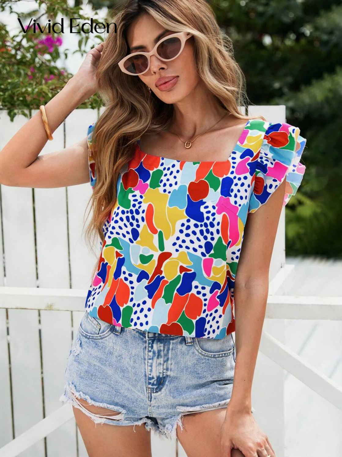 Vivid Eden Blusa de mujer con cuello cuadrado impreso y mangas abullonadas
