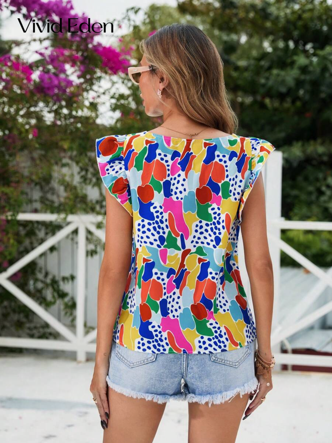 Vivid Eden Blusa de mujer con cuello cuadrado impreso y mangas abullonadas