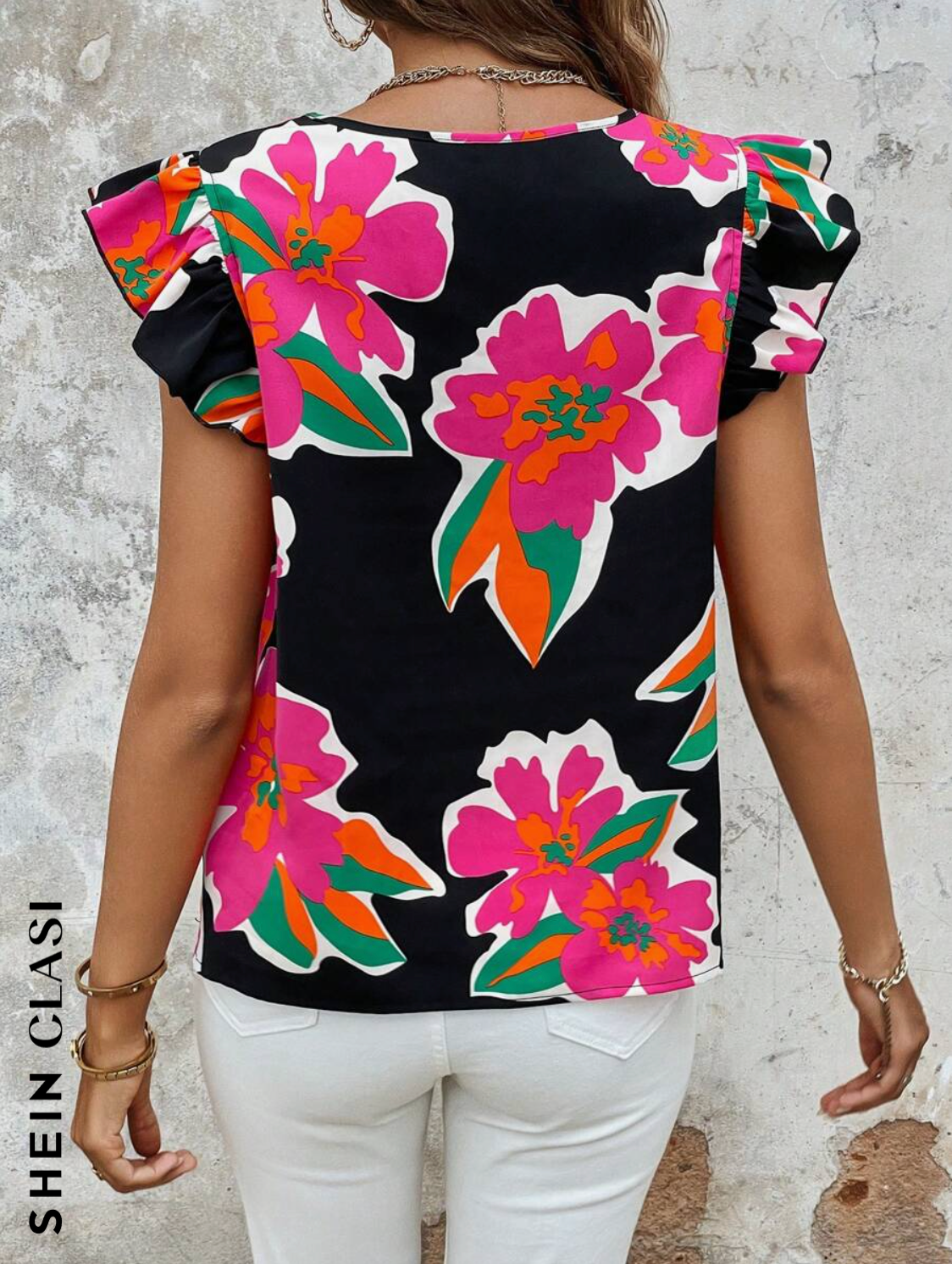 SHEIN Clasi Blusa con estampado floral ribete con fruncido