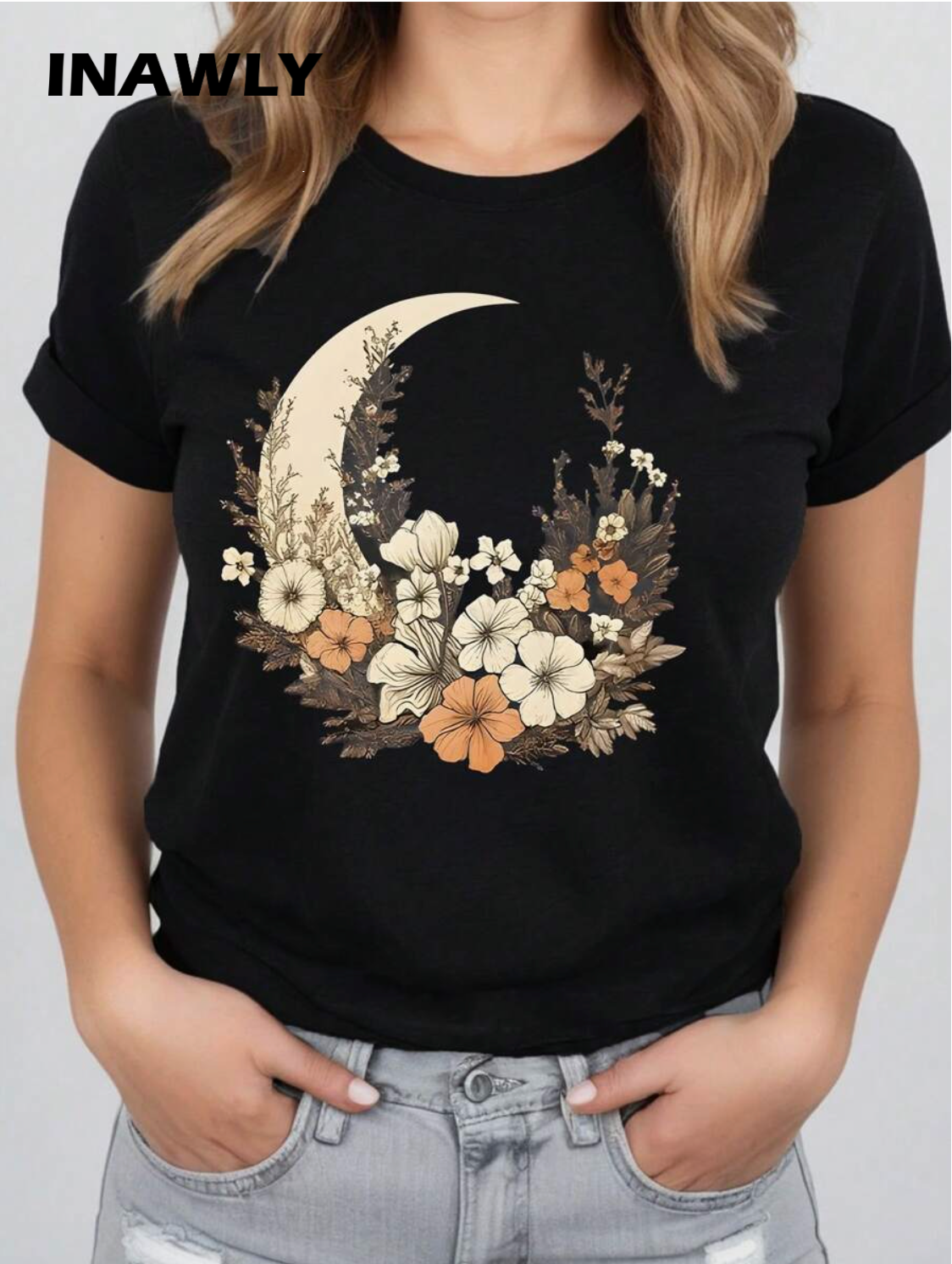 INAWLY Camiseta gráfica informal con estampa de luna y flor para mujeres
