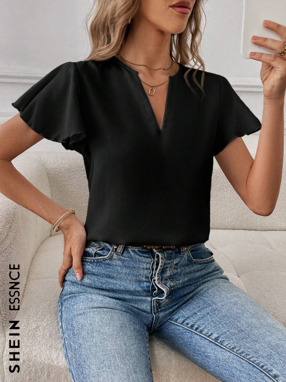 SHEIN Essnce Blusa de manga corta con cuello en V con volantes de unicolor para el tiempo libre y el trabajo, Top de manga corta