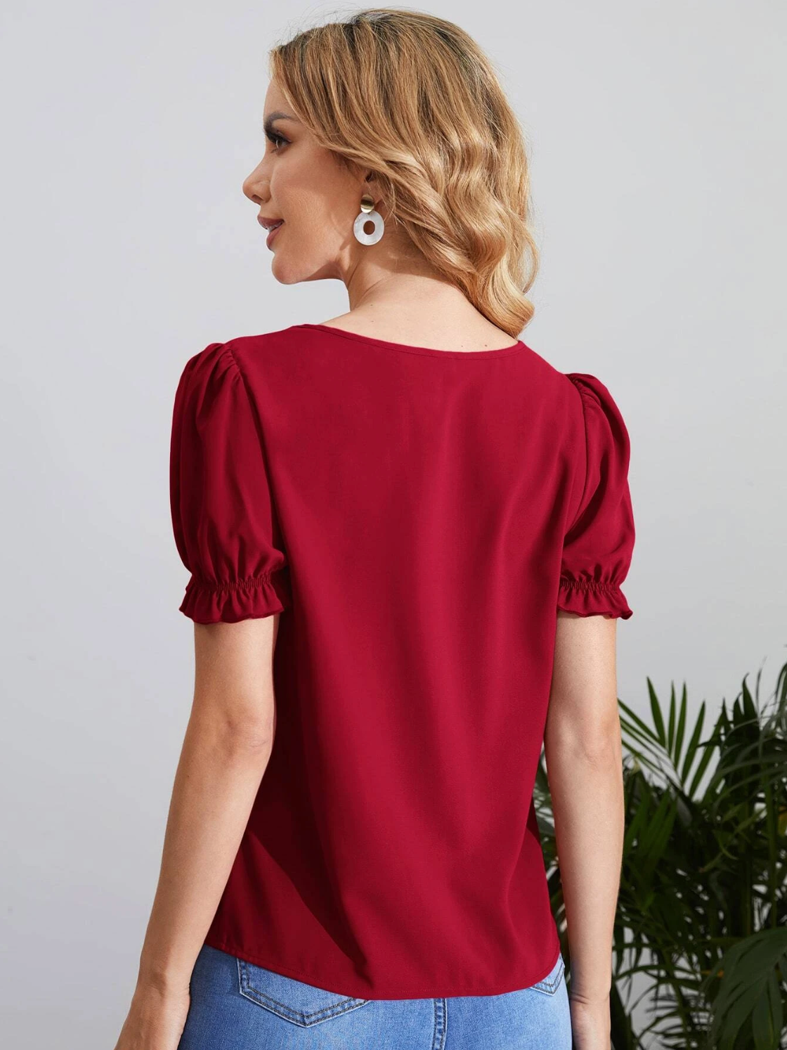 SHEIN Clasi Blusa con cuello de ojal y manga abullonada, blusas de manga corta