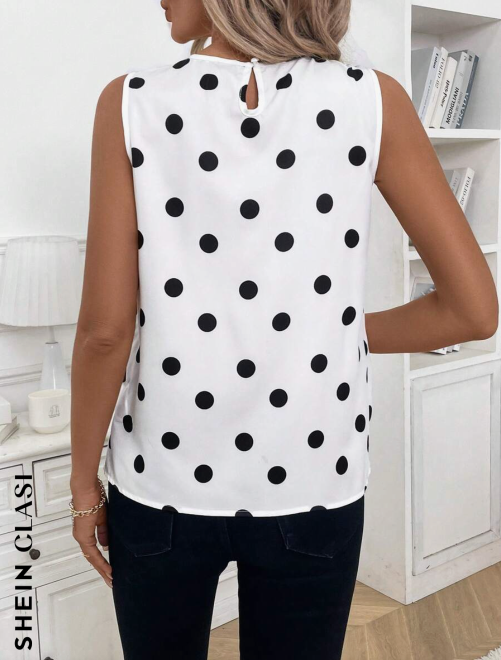 SHEIN Clasi Camisa sin mangas de cuello redondo con estampado de lunares para mujer