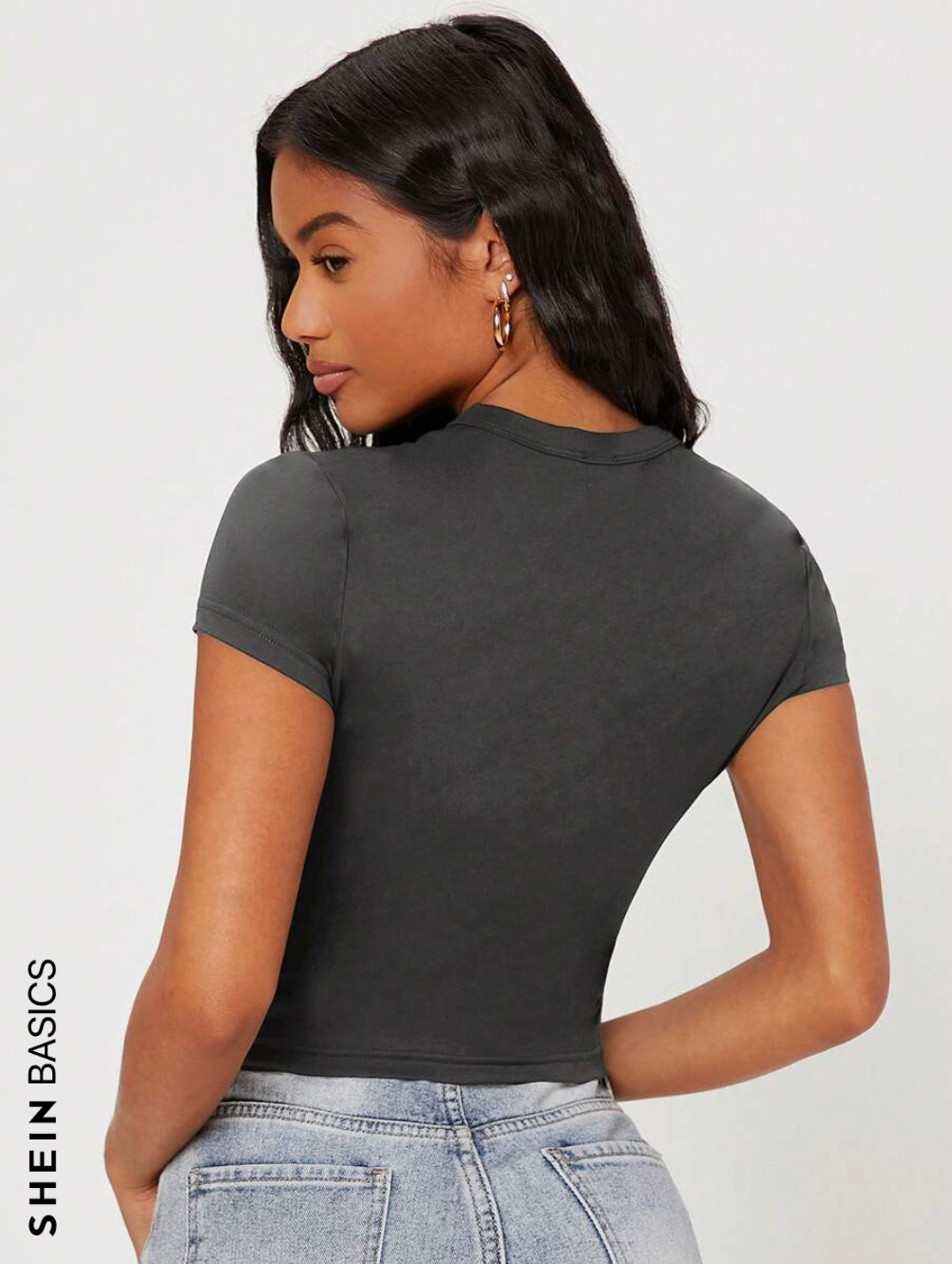 SHEIN BASICS Camiseta de manga corta casual de ajuste delgado con cuello redondo y unicolor para mujer en verano