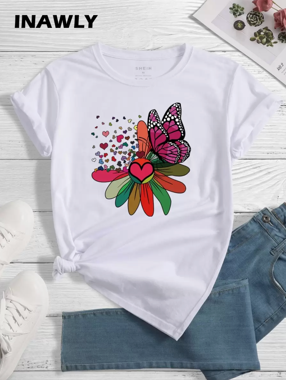 INAWLY Camiseta con estampado floral con mariposa