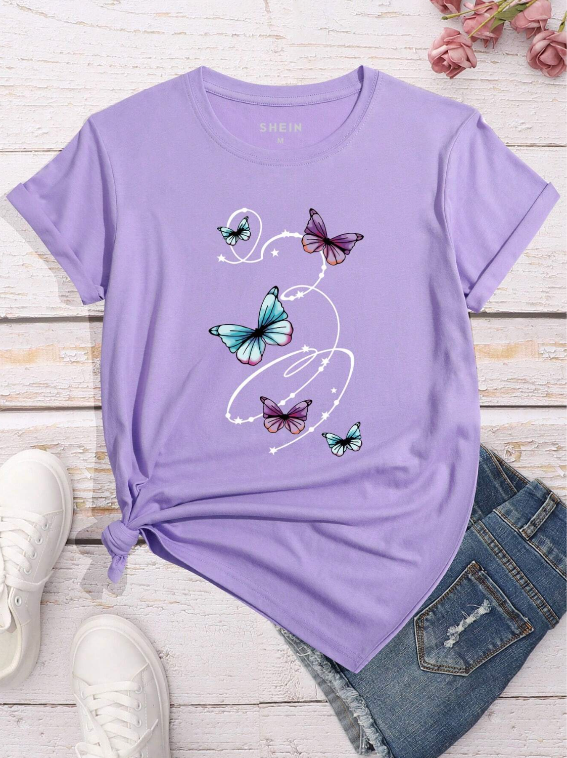 INAWLY Camiseta gráfica con cuello redondo estampada con mariposas y estrellas para mujeres