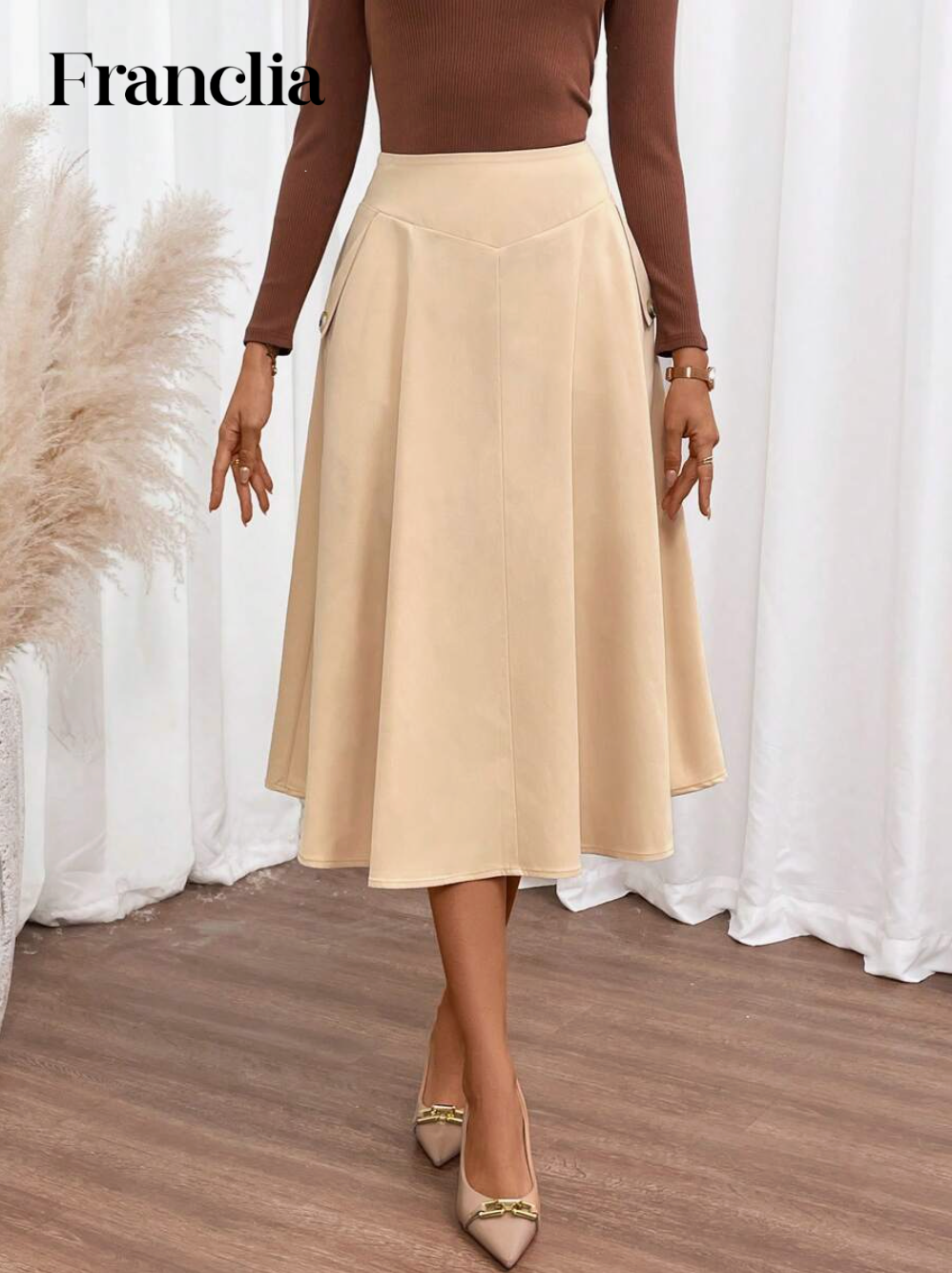 Franclia Falda plisada de línea A de unicolor casual para mujer, primavera/otoño