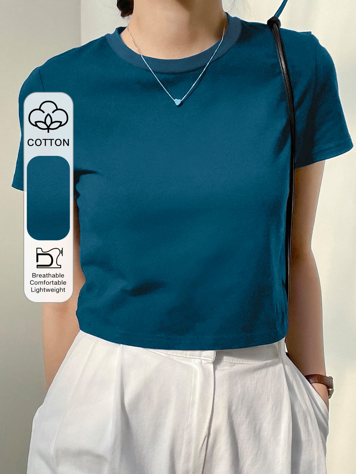 Dazy-Less Top corto de cuello redondo de un solo color, estilo Old Money para el verano, casual de negocios para mujer - Agua verde azul
