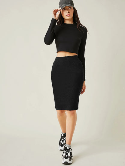 SHEIN BASICS Falda ajustada de mujer de color negro sólido, casual, de cintura alta, largo hasta la rodilla, falda lápiz para uso diario