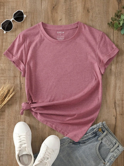 INAWLY Camiseta casual de manga corta y cuello redondo en unicolor para mujer en verano - Rosa vieja