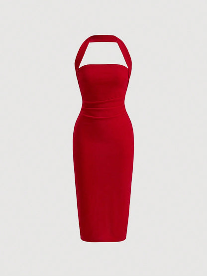 Firerie Vestido ajustado con cuello halter recogido y espalda descubierta - Rojo
