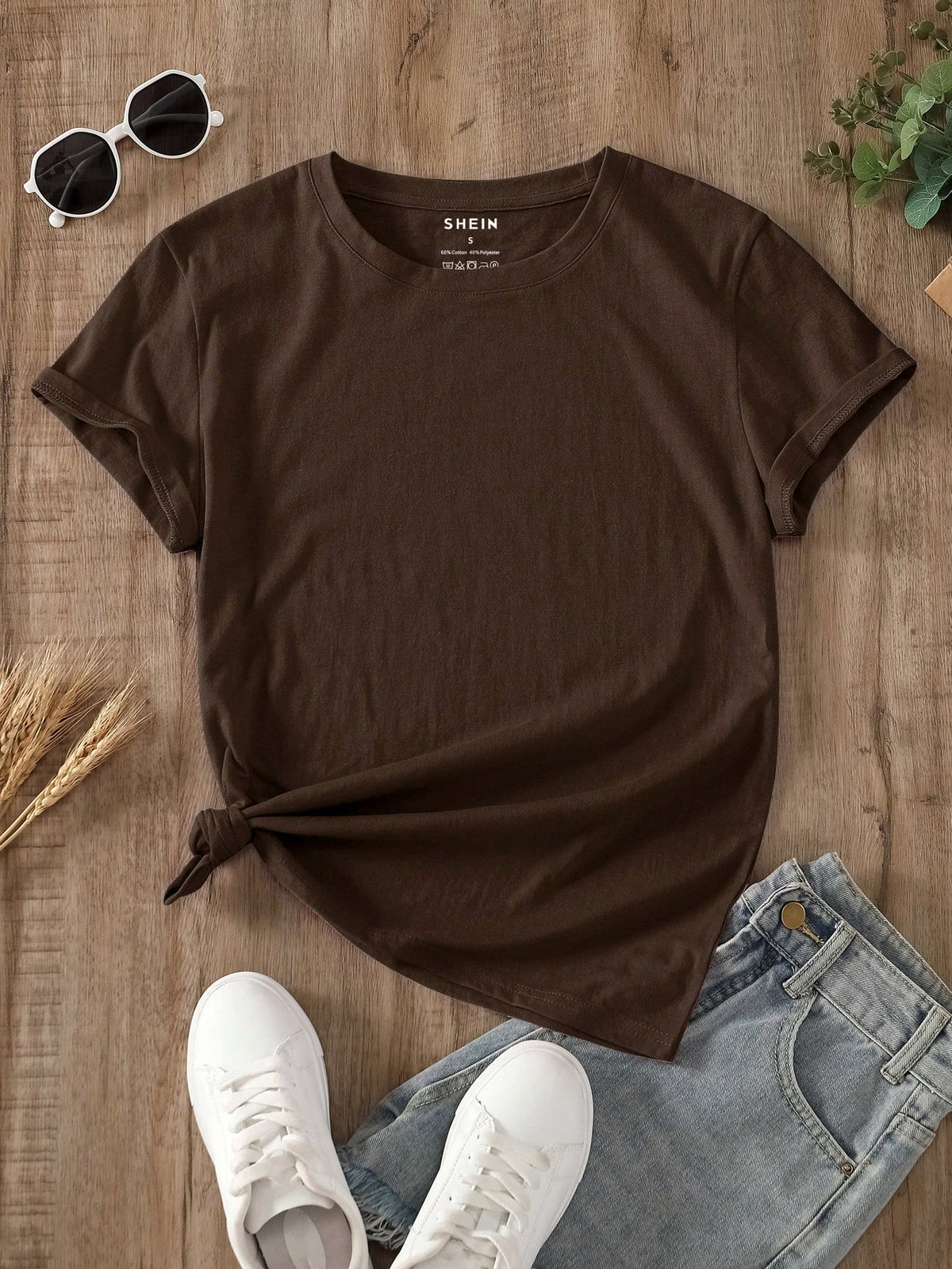 INAWLY Camiseta casual de manga corta y cuello redondo en unicolor para mujer en verano - Marrón Chocolate