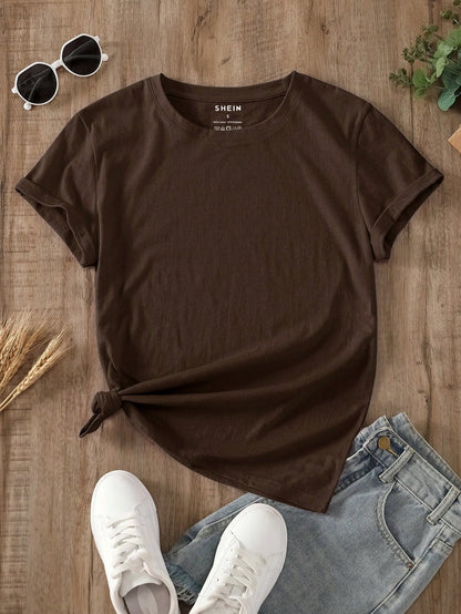 INAWLY Camiseta casual de manga corta y cuello redondo en unicolor para mujer en verano - Marrón Chocolate