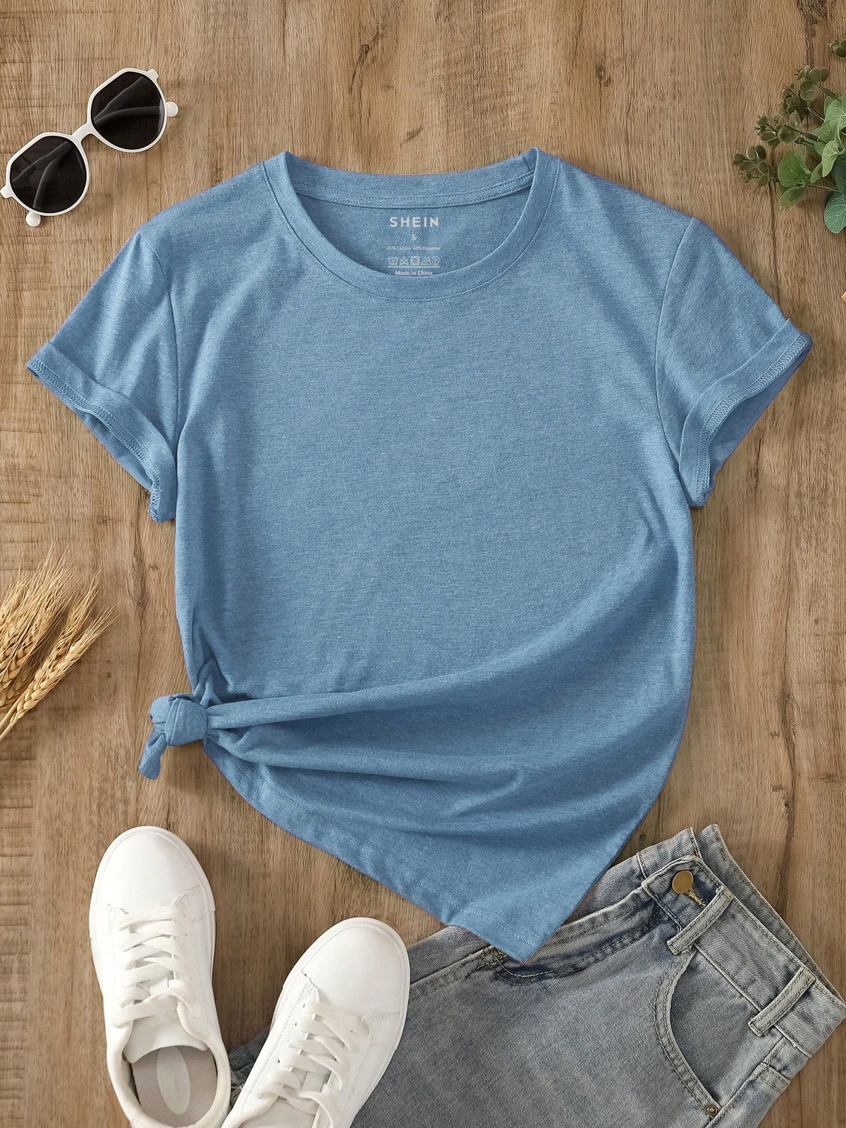 INAWLY Camiseta casual de manga corta y cuello redondo en unicolor para mujer en verano