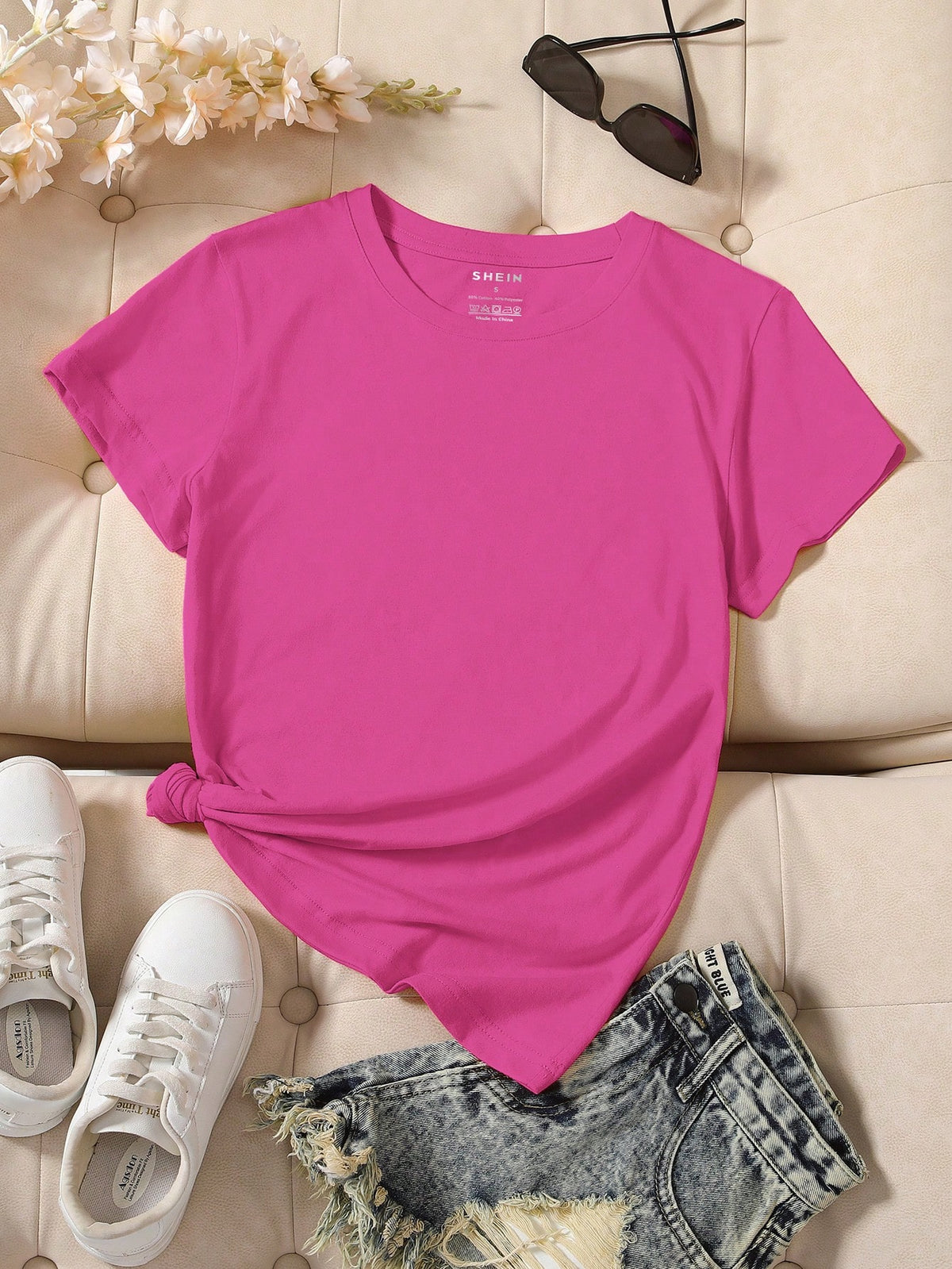 INAWLY Camiseta casual de manga corta y cuello redondo en unicolor para mujer en verano - Rosa Fucsia