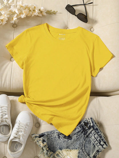 INAWLY Camiseta casual de manga corta y cuello redondo en unicolor para mujer en verano - Amarillo