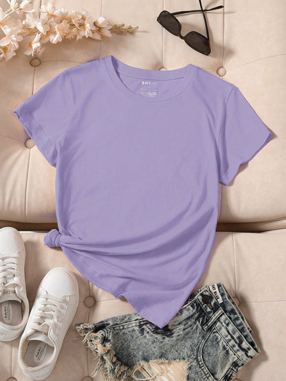 INAWLY Camiseta casual de manga corta y cuello redondo en unicolor para mujer en verano - Lila Púrpura
