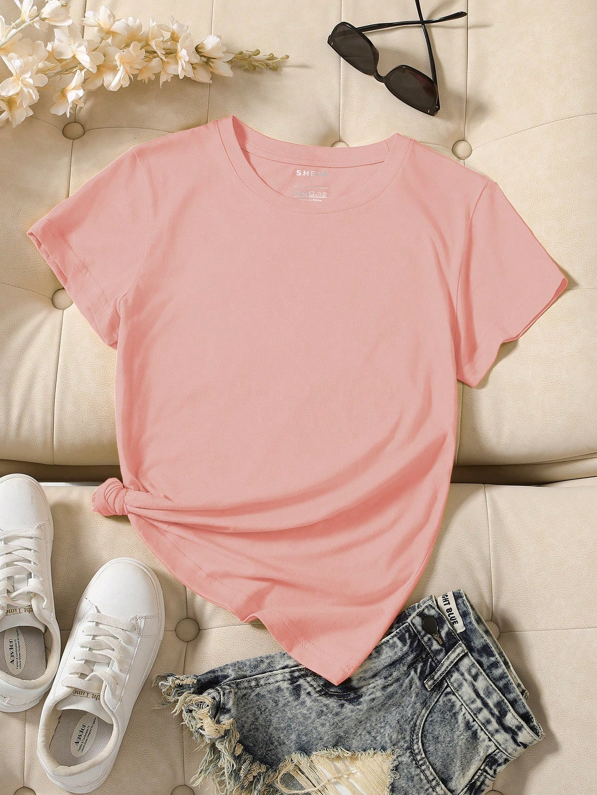 INAWLY Camiseta casual de manga corta y cuello redondo en unicolor para mujer en verano - Rosa coral