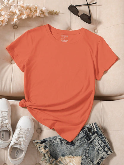 INAWLY Camiseta casual de manga corta y cuello redondo en unicolor para mujer en verano - Naranja Coral