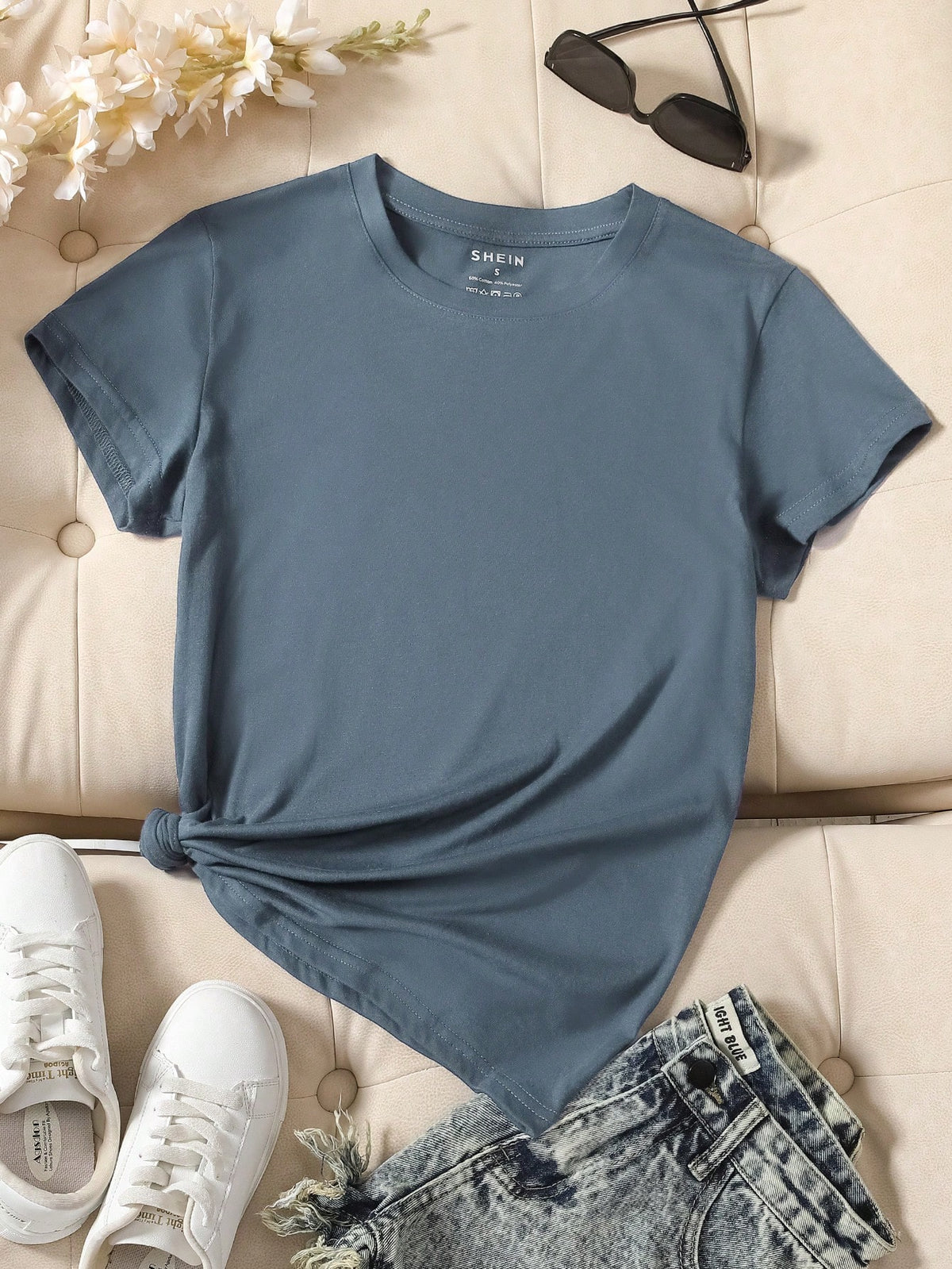 INAWLY Camiseta casual de manga corta y cuello redondo en unicolor para mujer en verano - Neblina azul