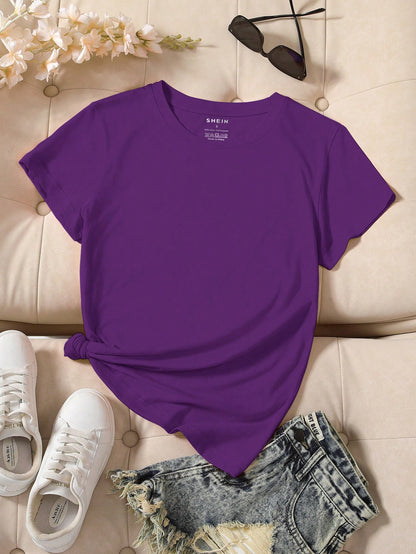 INAWLY Camiseta casual de manga corta y cuello redondo en unicolor para mujer en verano
