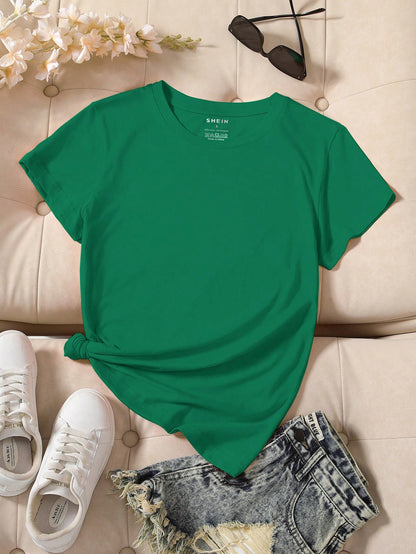 INAWLY Camiseta casual de manga corta y cuello redondo en unicolor para mujer en verano
