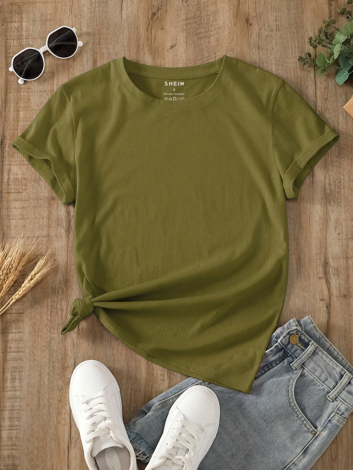 INAWLY Camiseta casual de manga corta y cuello redondo en unicolor para mujer en verano