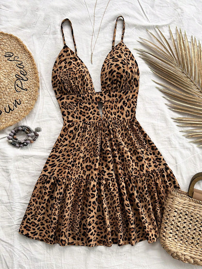 Soleia Vestido de mujer de estampado floral con volantes en los bajos y cintura de leopardo para vacaciones - Multicolor