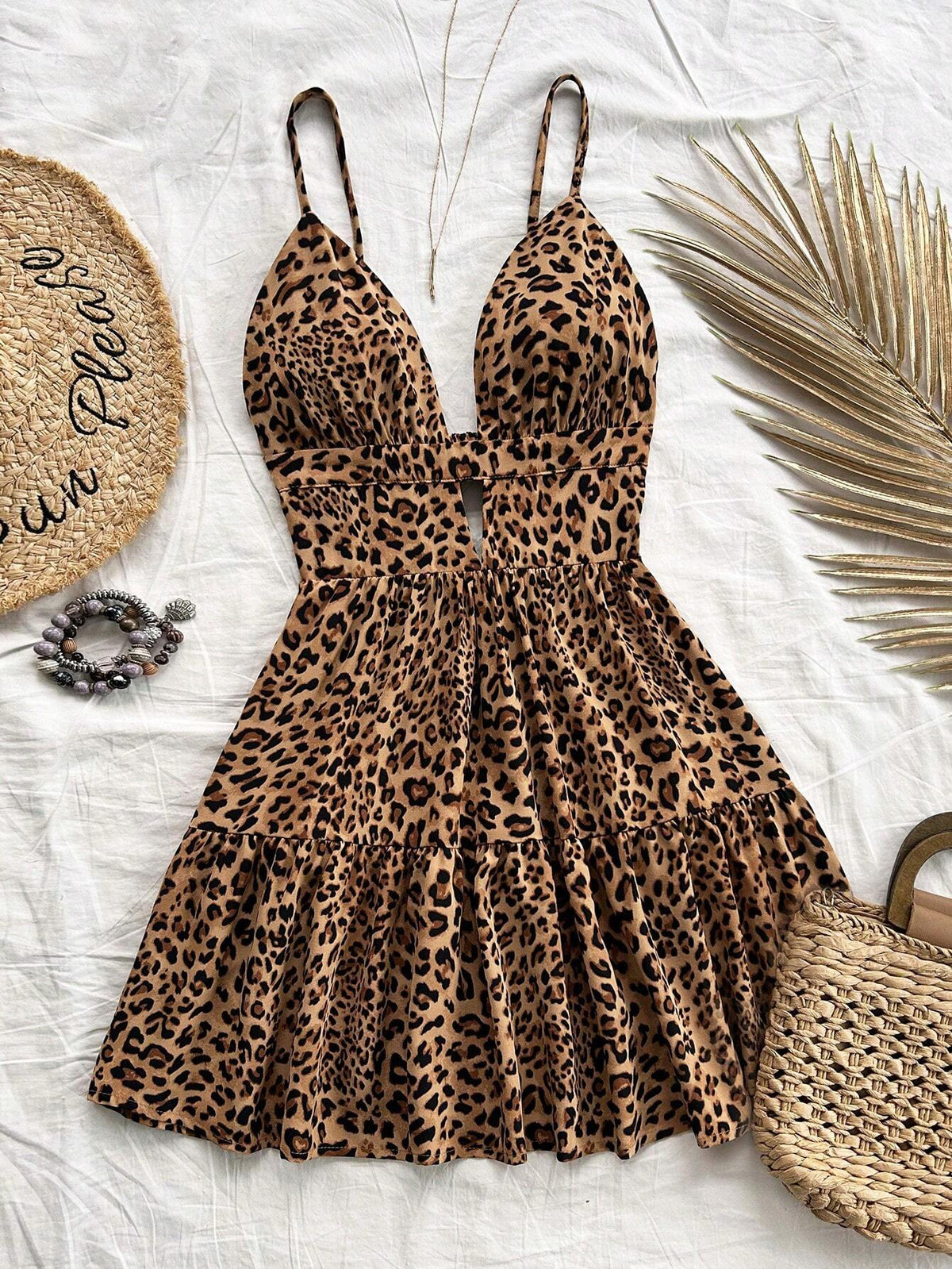 Soleia Vestido de mujer de estampado floral con volantes en los bajos y cintura de leopardo para vacaciones