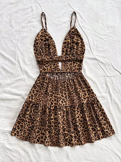 Soleia Vestido de mujer de estampado floral con volantes en los bajos y cintura de leopardo para vacaciones