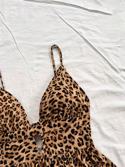 Soleia Vestido de mujer de estampado floral con volantes en los bajos y cintura de leopardo para vacaciones