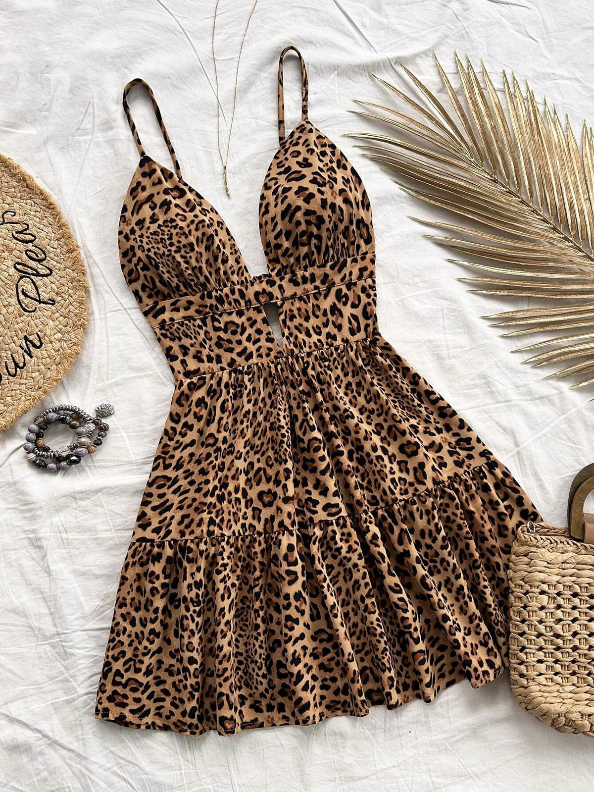 Soleia Vestido de mujer de estampado floral con volantes en los bajos y cintura de leopardo para vacaciones