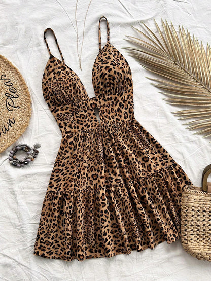 Soleia Vestido de mujer de estampado floral con volantes en los bajos y cintura de leopardo para vacaciones