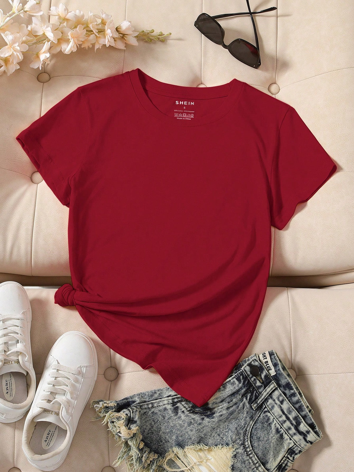 INAWLY Camiseta casual de manga corta y cuello redondo en unicolor para mujer en verano