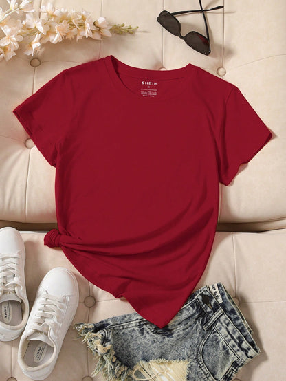 INAWLY Camiseta casual de manga corta y cuello redondo en unicolor para mujer en verano