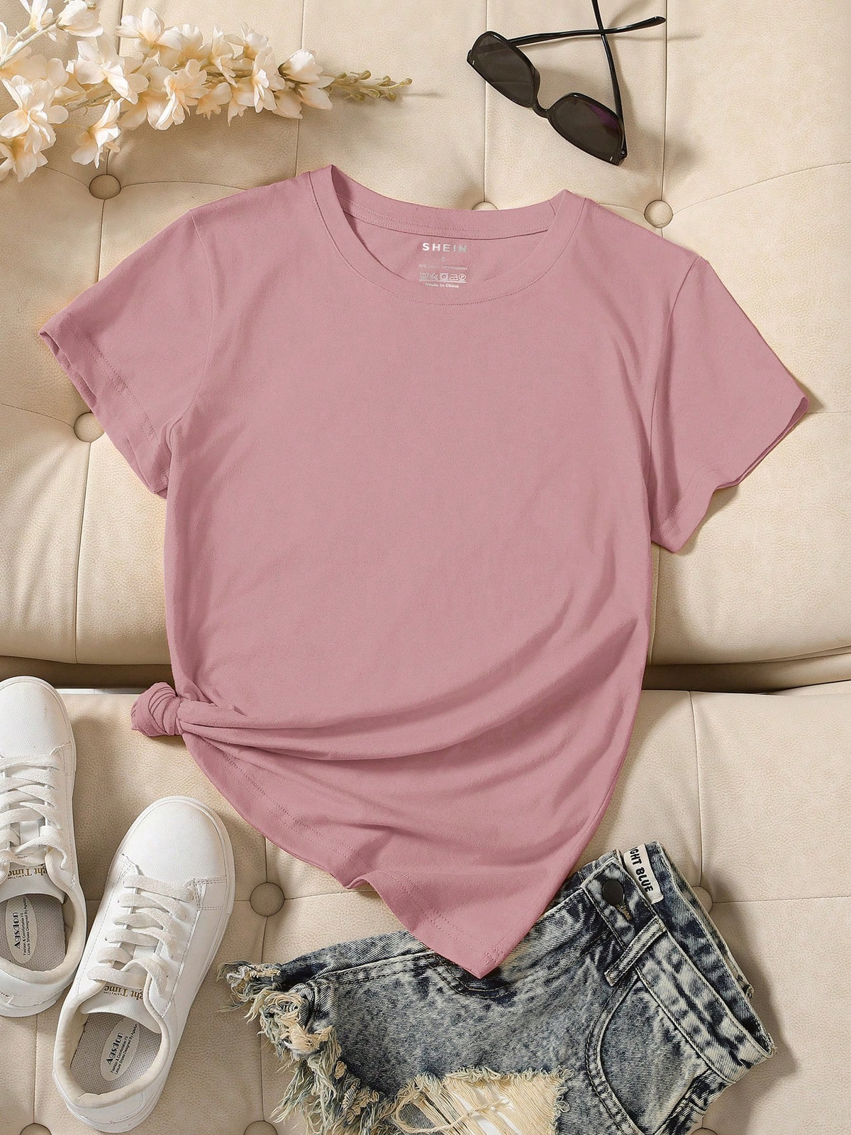 INAWLY Camiseta casual de manga corta y cuello redondo en unicolor para mujer en verano - Rosa Pálido