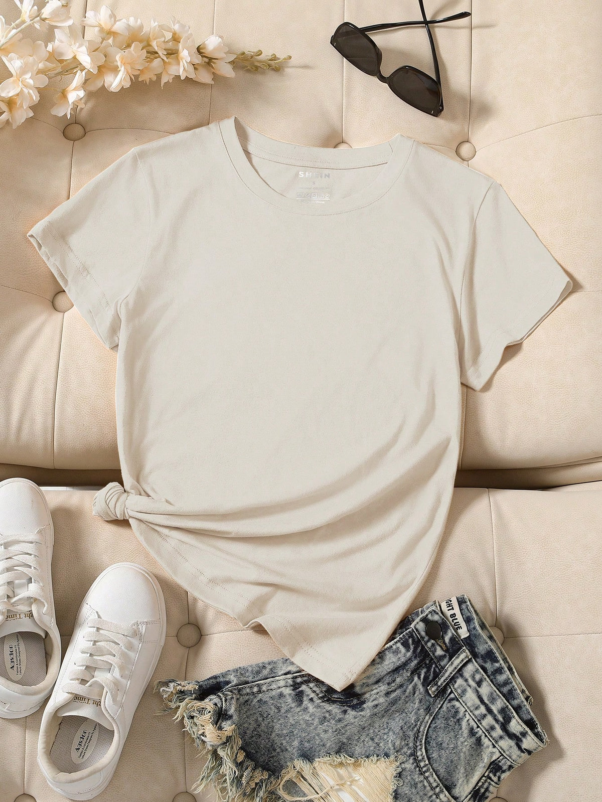INAWLY Camiseta casual de manga corta y cuello redondo en unicolor para mujer en verano - Albaricoque