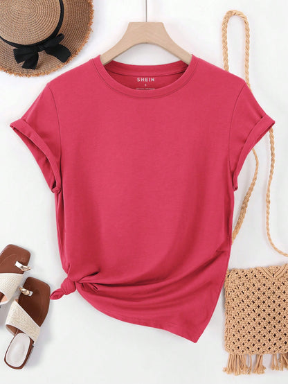 INAWLY Camiseta casual de manga corta y cuello redondo en unicolor para mujer en verano - Rosado Sandía