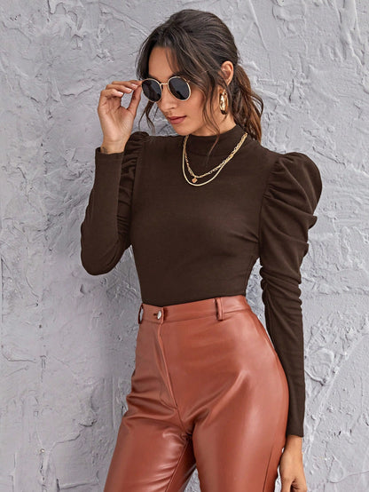 SHEIN Clasi Blusa negra de cuello alto con mangas abullonadas