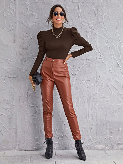 SHEIN Clasi Blusa negra de cuello alto con mangas abullonadas