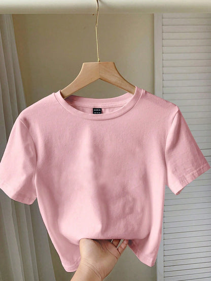 SHEIN EZwear Camiseta corta de manga corta de corte ceñido con diseño de lazo y patrón lindo, de cuello redondo, adecuada para el verano