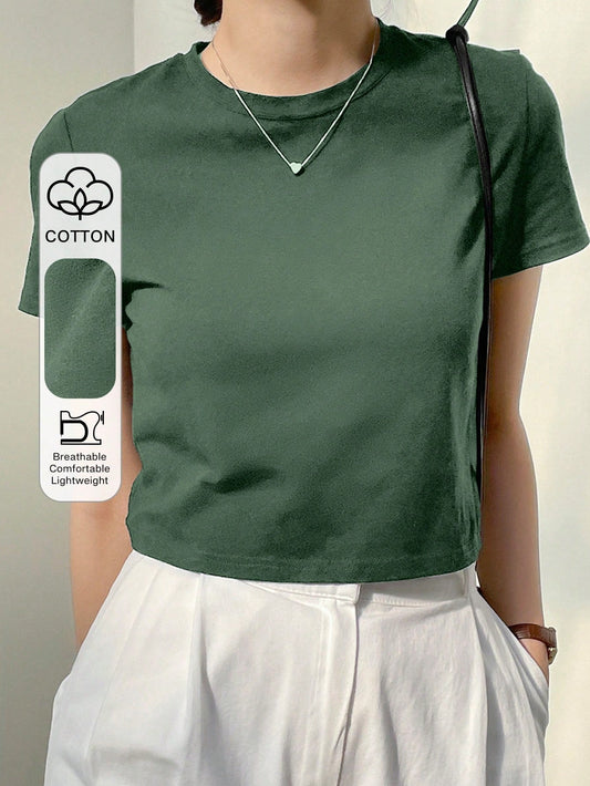 Dazy-Less Camiseta corta de cuello redondo de unicolor, estilo "Old Money", casual de verano para mujer, ropa de trabajo, Pascua