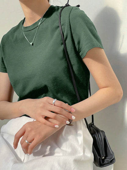 Dazy-Less Camiseta corta de cuello redondo de unicolor, estilo "Old Money", casual de verano para mujer, ropa de trabajo, Pascua