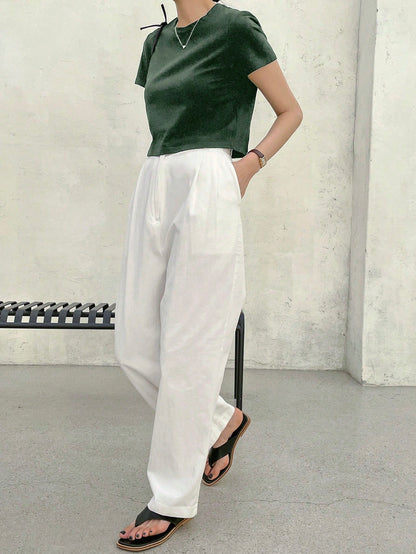 Dazy-Less Camiseta corta de cuello redondo de unicolor, estilo "Old Money", casual de verano para mujer, ropa de trabajo, Pascua