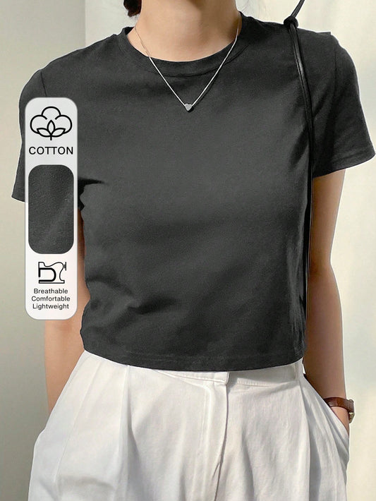 Dazy-Less Camiseta corta de cuello redondo de estilo "Old Money" para mujer, ropa de trabajo informal de verano