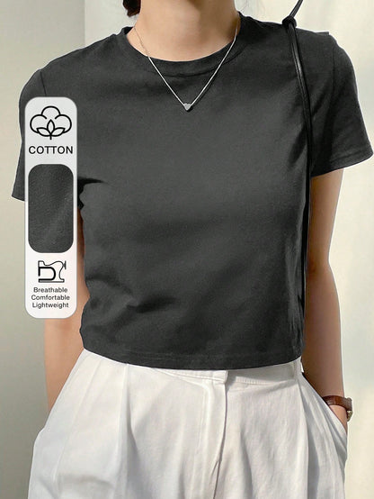 Dazy-Less Camiseta corta de cuello redondo de estilo "Old Money" para mujer, ropa de trabajo informal de verano - Gris Oscuro