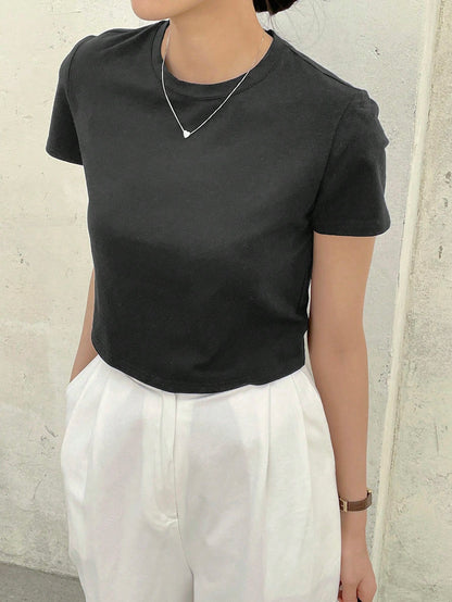 Dazy-Less Camiseta corta de cuello redondo de estilo "Old Money" para mujer, ropa de trabajo informal de verano
